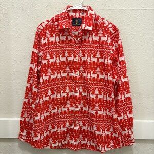 Simon Banks Red and White Christmas Reindeer Button Down Shirt Medium